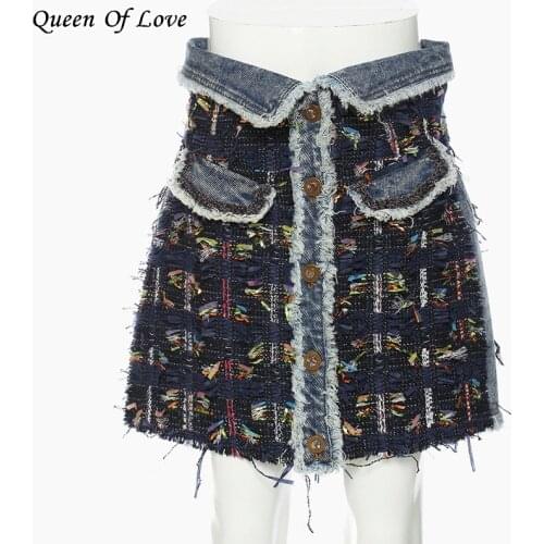 2021 New Autumn Winter Fashion Mini Skirt Women High Waist Denim Patchwork Woolen Single Breasted Pocket Skirts Outfit Y2K