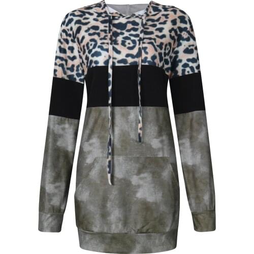 Hoodies Fashion Women Leopard Print Loose Top Casual Hooded Long Sleeve Drawstring Pockets Sweater Oversize Womens Sweatshirt