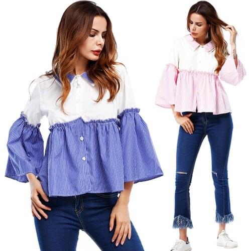 Women turn-down collar flare sleeve tops t shirt loose casual leisure brand patchwork tops spring autumn girls tops