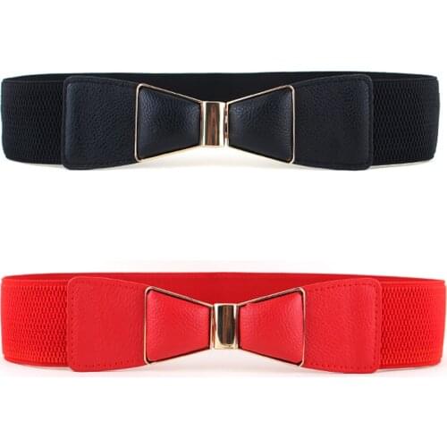Women Elegant Elastic Bowknot Faux Leather Belt Stretch Dress Girdle Waistband BLTLL0304