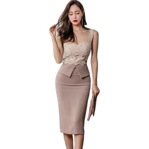 CINESSD Lace Bodycon Dress for woman Korean Pink Split Sleeveless V Neck summer female sling Sexy Party Dresses vestido de fiest