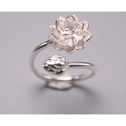 Solid S925 Sterling Silver Ring Women Luck Lotus Flower Adjustable Ring 13mmW Fine Jewelry