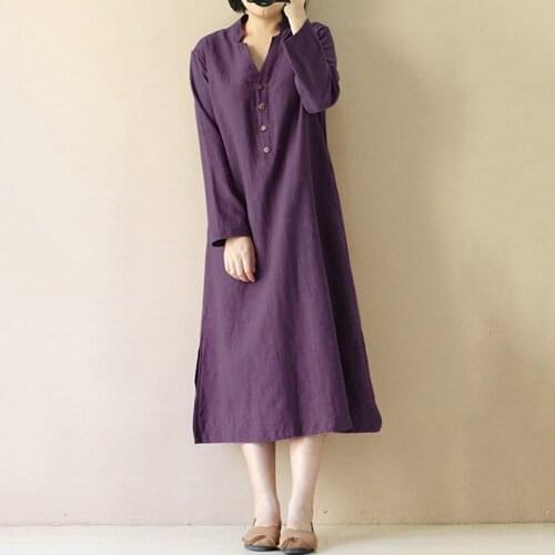 2020 Winter Dress Women Vintage Cotton Dress Front Button Closure V Neck Long Sleeve Split Hem Pocket Loose Midi Long Robe Dress