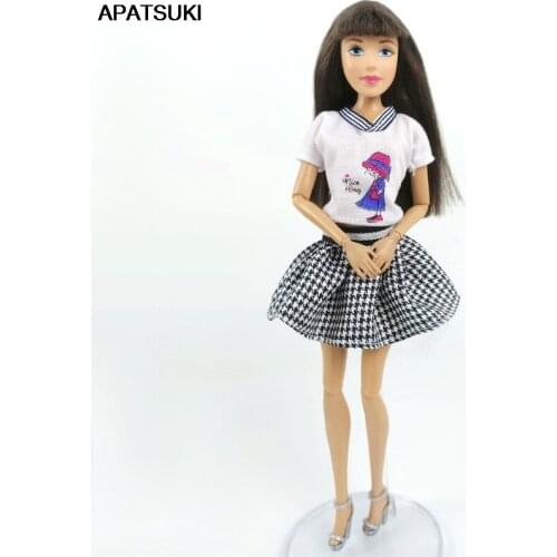 1set White Girl Printing Dress for Barbie Doll Clothes Shirts Tops Short Mini Skirts Outfits Daily Casual Suit DIY Toy