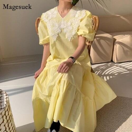 2021 Lace Stitching Party Dresses New Playful Big Lapel Loose Summer Dress Vintage Bubble Sleeves V-neck Robe Long Dress 14302