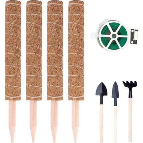 52.4 Inch Moss Pole,4 Pack Coir Totem Poles with Gardening Tool Set & 98.4 Feet Garden Ties, Coco Coir Moss Poles Sticks