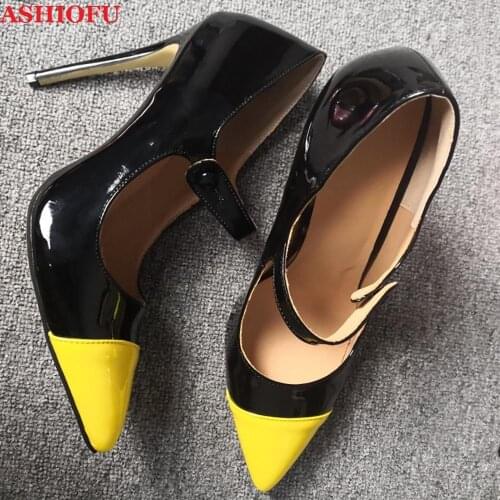 ASHIOFU New Arrival Ladies Stiletto Heel Pumps Yellow Cap-toe Party Dress Shoes Real Photos Evening Club Fashion Pumps Shoes