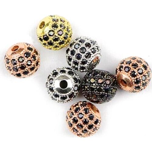 HGKLBB Black Zircon Copper beads ball Spacer 4pcs 6/8/10mm Round Crystal Loose beads for Jewelry making charm bracelet DIY
