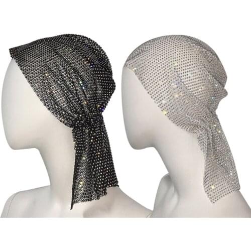 Elastic pirate hat Bandanna Cap Rhinestone Mesh Head Scarf Shining Crystal Turban with Tail for Nightclub