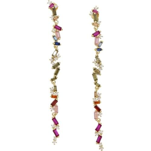 Colorful pastel baguette round cz luxury fashion Gold filled long tassel drop earring