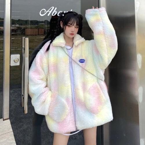 Koreaning New Harajuku Women Jacket Oversize Style Tooling Thicken Vintage Rainbow Tie Dye Pocket Lambswool Keep Warm Coat A078