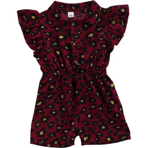 Toddler Summer Jumpsuit Leopard Print Turn-Down Collar Ruffed Sleeves Slim-Waist Short Rompers for Small Girls Sunsuit