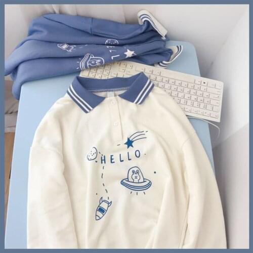 Polo Cute Shirt Women Sweatshirt Long Sleeve Patchwork Pullove Autumn Kawai Letter Print Pullover Girls Harajuku Hoodies Coats