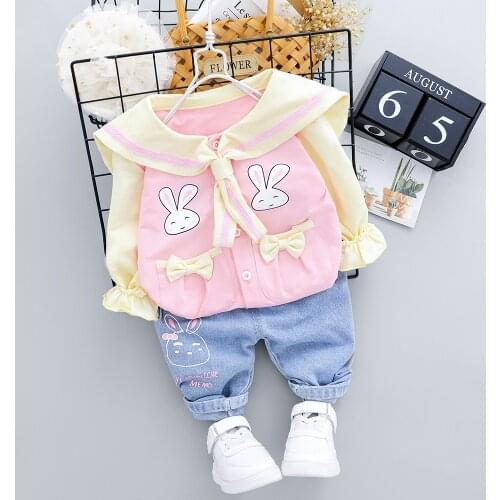 2pcs/set Korean Fashion Rabbit shirt with jeans suit Spring beauty girls clothes toddler girls boutique outfit kids clothing 0-5