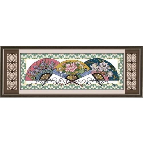 Three fans' picture cross stitch kit count print stamped fabric 14ct 11ct hand embroidery DIY handmade needlework supplies bag