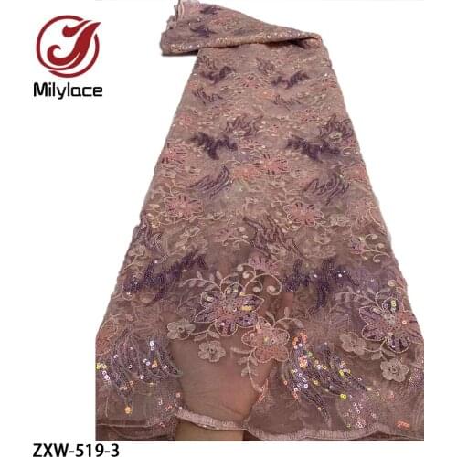Latest Lace Embroidery Sequins Fabric High Quality African Tulle Lace Fabric Sequin Lace for Party Dress ZXW-519