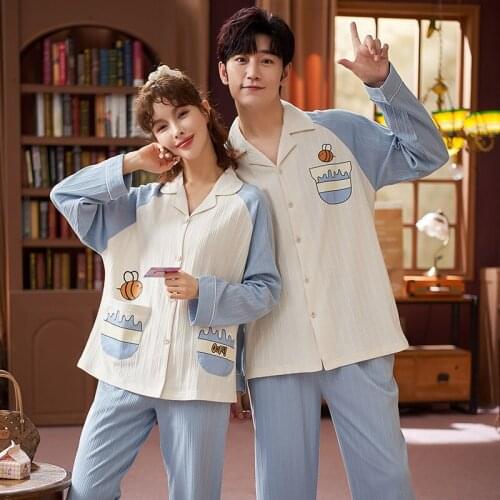 Couple Autumn Pajamas Solid Striped Cotton long sleeved trouser cardigan button lovely cartoon loose casual boy girl pajama NLZM