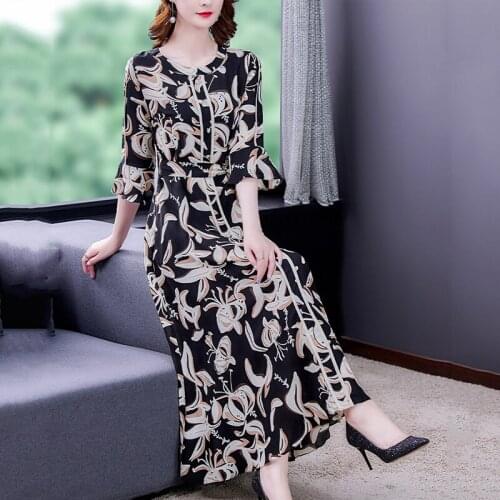 Mulberry Silk Dress 2021 Summer New Fashion Womens Large Size Korean Slim O-neck Mid-length Black Printed Dress A-line Dress162