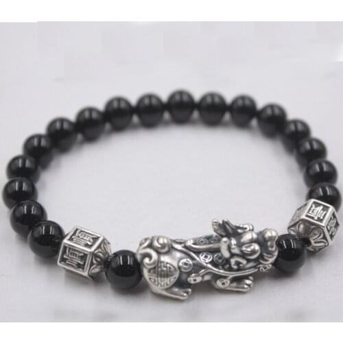 Real S925 Silver Chain Women Mans Luck Pixiu Round Retro Bead Balck Agate 8mm Lucky Bracelet Jewelry 6.5-7.5inchL