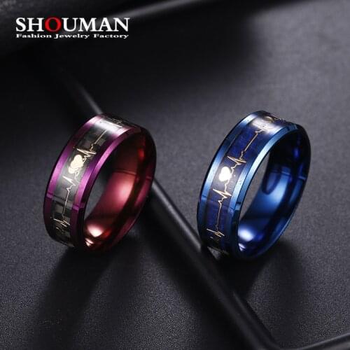 SHOUMAN 8mm Love Heart ECG Lifeline Heartbeat Carbon Fiber Wedding Band Ring for Men Women Couple Lover Jewelry