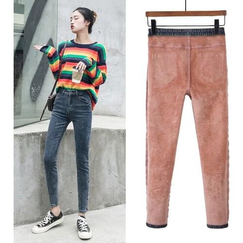Warm fleece jeans old pants retro blue gray padded collar denim school pants 2021 winter new womens