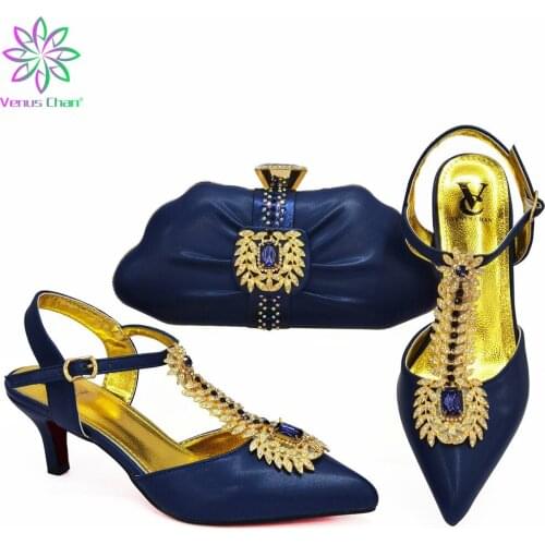 High Quality Deep Blue Color 2021 Newest African Designer Shoes And Bags Set To Match Italian Party Shoes With Matching Bags Set