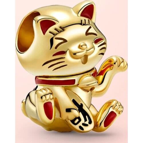 YSH 100% 925 Sterling Silver Cute Fortune Cat Charm Fit Original PandoLA Bracelet 2021 Women DIY fine Jewelry Gift Free shipping