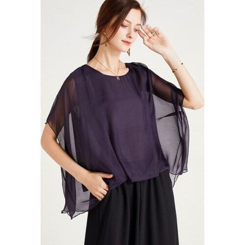 Silk Bouse Womens Summer 2021 New Round Neck Loose Elegant Bat Sleeves Solid Color Mulberry Silk T-shirt Woman Plus Size Tops