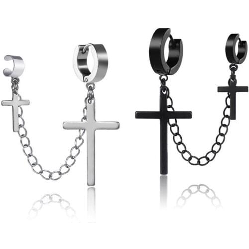 Fashion Punk Cross Charms Stainless Steel Earring For Women Mens Rock Style Chain Stud Ear Jewelry Gifts 2 pieces