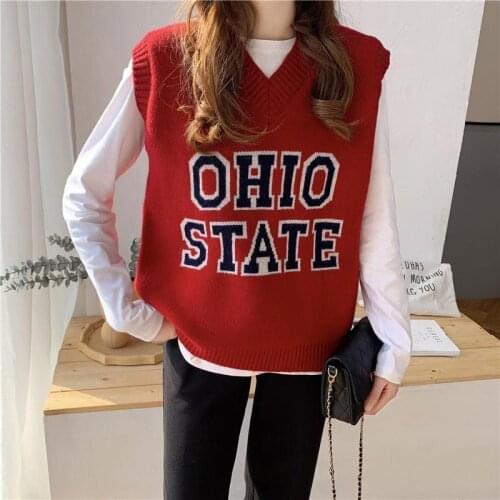 Casual Loose Sweater Vest Women 2021 Korean Preppy Style Letter V Neck Sleeveless Pullover Knit Tank Tops Vintage Waistcoat T645