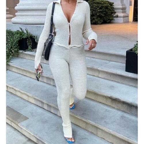 Za Button Ribbed Knitted Jumpsuit Bodycon Casual Sexy Autumn Winter Bodysuit 2021 Hollow Out Long Sleeve V Neck Women Jumpsuit