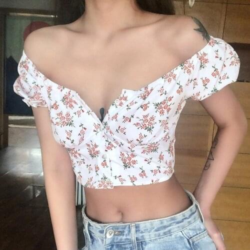 Women Floral Crop Tops Blouse 2021 Summer Ladies Puff Short Sleeve V Neck Slim Shirts Casual Sexy Vintage Tops Female