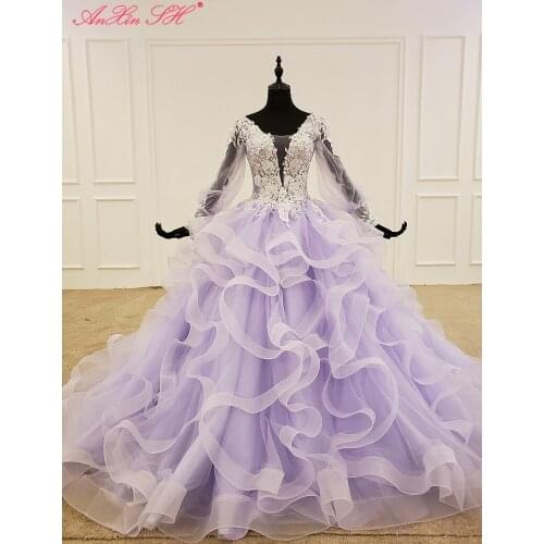 AnXin SH Luxury princess beading flower purple crystal sweetheart ruffles violet lace long sleeve wedding dress 100% real photo