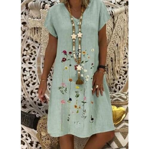 Plus size 5xl cotton and linen vintage dress Women short sleeve v neck floral embroidery mini shift dress White khaki purple