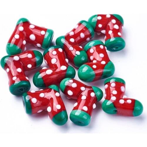 10pcs Handmade Lampwork Christmas Stocking Beads for jewelry making DIY Christma Gifts 17~20x19~22x9~10mm, Hole: 1.4mm F60