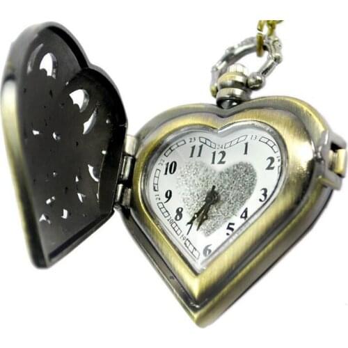 6133Retro love shape with shiny decorative open cover quartz pocket watch mens and womens accessories gift