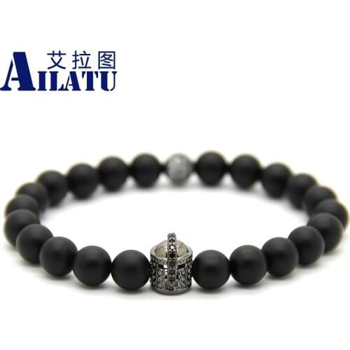 Ailatu 8mm Real Natural Matte Onyx Stone Beads with Micro Pave CZ Ball Beads, Double-face Spartan Helmet Bracelets