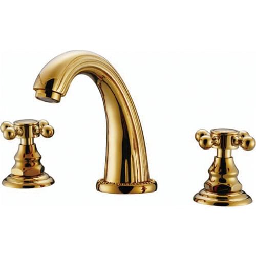 Free shipping polished pvd gold clour brass body widespread 8 inch Bathroom lavatory SINK Faucet deck mounted