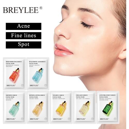 BREYLEE 7Pcs Face Sheet Mask Collagen Retinol Acne Treatment Serum Whitening Moisturizer Facial Skin Care Anti Aging Vitamin C