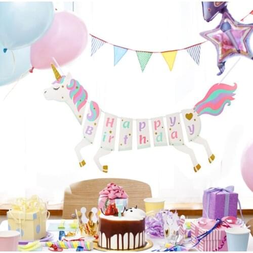 Cartoon Unicorn Birthday Party Decoration String Pink Gold Unicorn Happy Birthday Print Wall Hanging Decoration Party Supplies