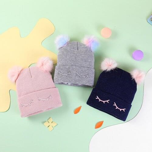 Kids Woolen Hat Cute Winter Autumn Eyelash Embroidery Knitted Cap Earmuffs Balls Pompom Hat Beanie for Toddler Infant 4-12 Years