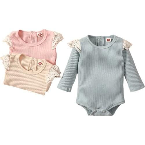 Infant Baby Girls Romper, Unisex Solid Color Round Neck Long Sleeve Ribbed Bodysuit for Spring Fall, 3-24 Months