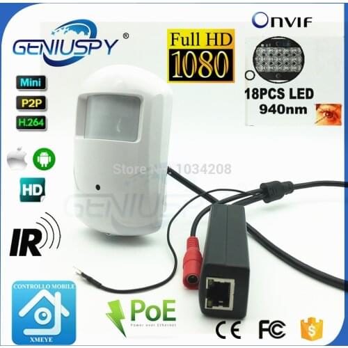 1080P PoE PIR IR IP Camera With PoE Cable IEE802.3af PoE Came IP ONVIF 18pcs 940nm IR LED Indoor Mini Camera CCTV Audio