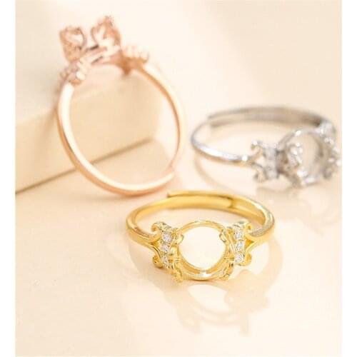 Ring Blank for 6mm-8mm Drilled Round Beads or Pearls Gold Plated 925 Silver Zircon Ring Setting Adjustable Ring Base SR0346
