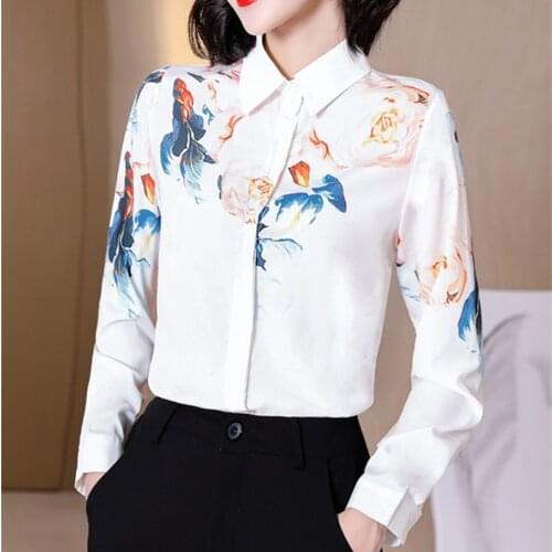 Korean silk blouse floral womens silk blouse womens long sleeves