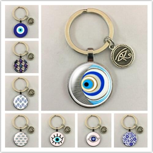 Beauty Blue Evil Eye Religious Photo Round Glass Cabochon Keychain Bag Car Keychain Keyring Charm Gift Keychain