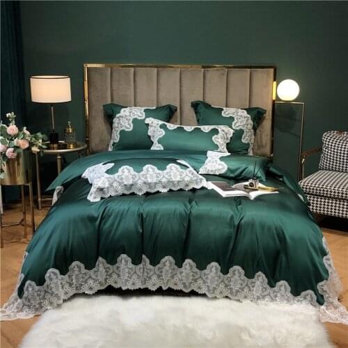 Lace Duvet Cover Queen King Satin Silk Egyptian Cotton Hypoallergenic Green Vintage Bedding Comforter Cover Bed Sheet Pillowcase