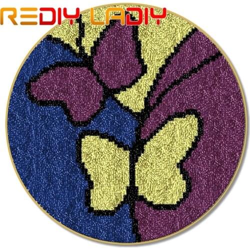 Latch Hook Rug Two Butterfly Crocheting Carpet Rug Acrylic Yarn Pre-Printed Canvas Cushion Mat Crochet Tapestry Latched Hook Kit