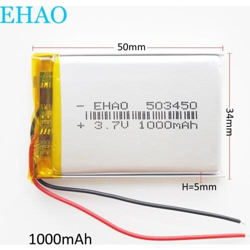 3.7V 1000mAh 503450 Lithium Polymer LiPo Rechargeable Battery cells For Mp3 DVD PAD camera recorder Speaker PSP MP4 MP5 5*34*50