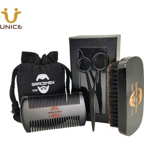 MOQ 100 Sets OEM Custom LOGO Black Beard Care Set with Bag & Box Beard Brush Fine & Wide Teeth Hair Comb and Grooming Scissors